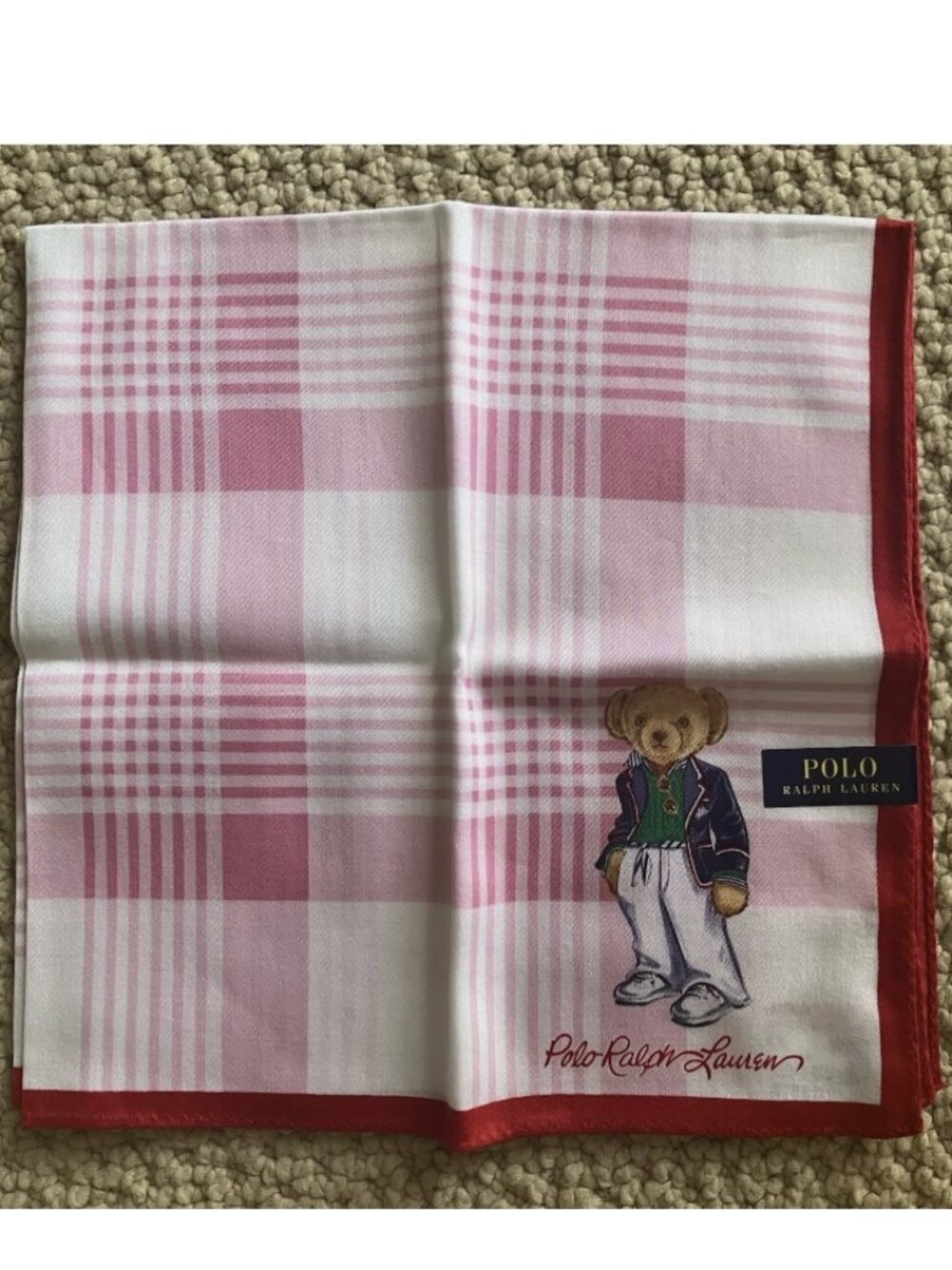New Polo Ralph Lauren Bear Handkerchief Scarf Pocket Square Red Plaid